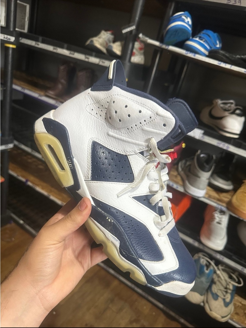 White and Navy Retro Basketball Sneakers